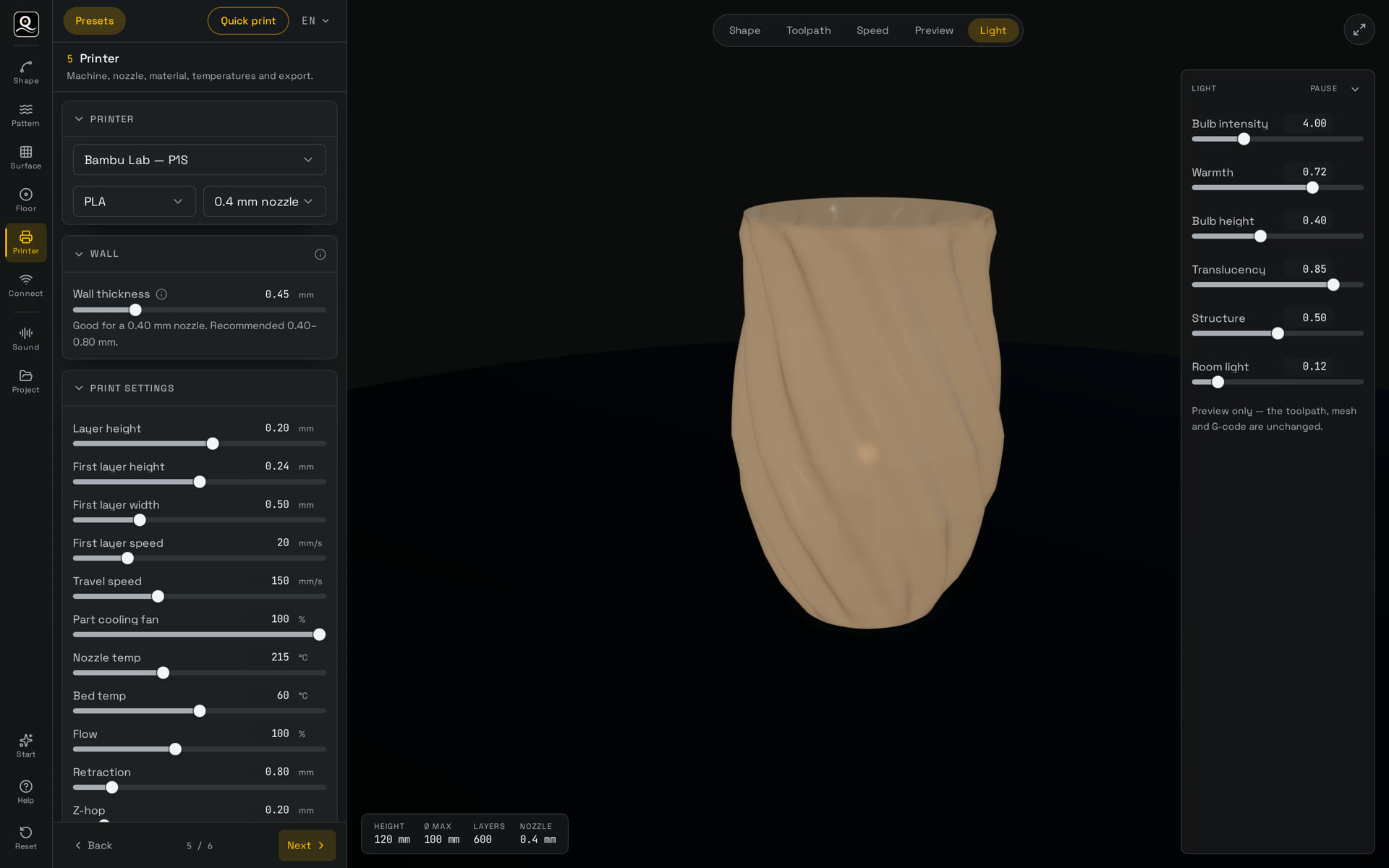 The light view renders the wall as a shade, so you can judge the glow before you print.