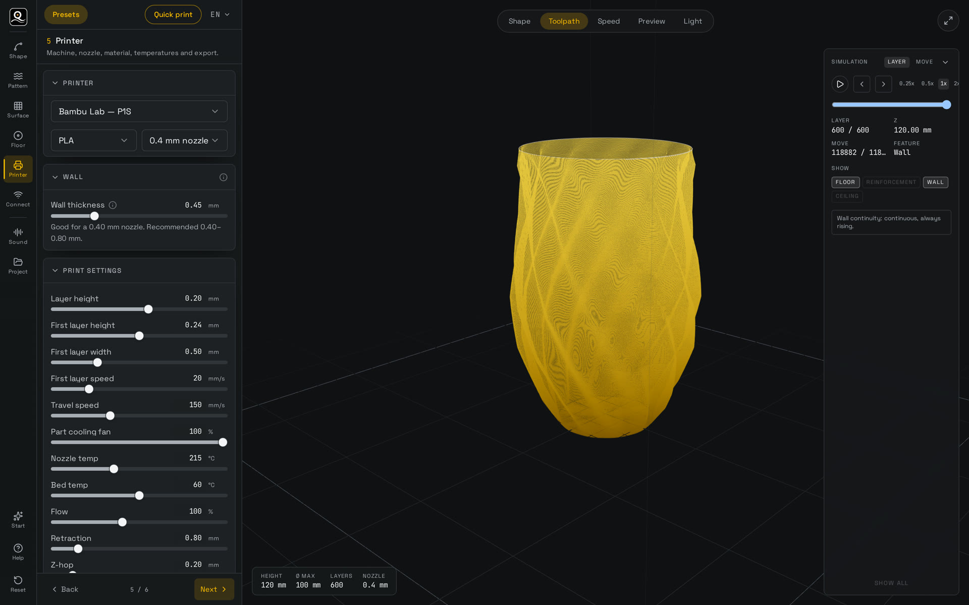 Step 5 with the toolpath view: every extrusion move the printer will make, layer by layer.
