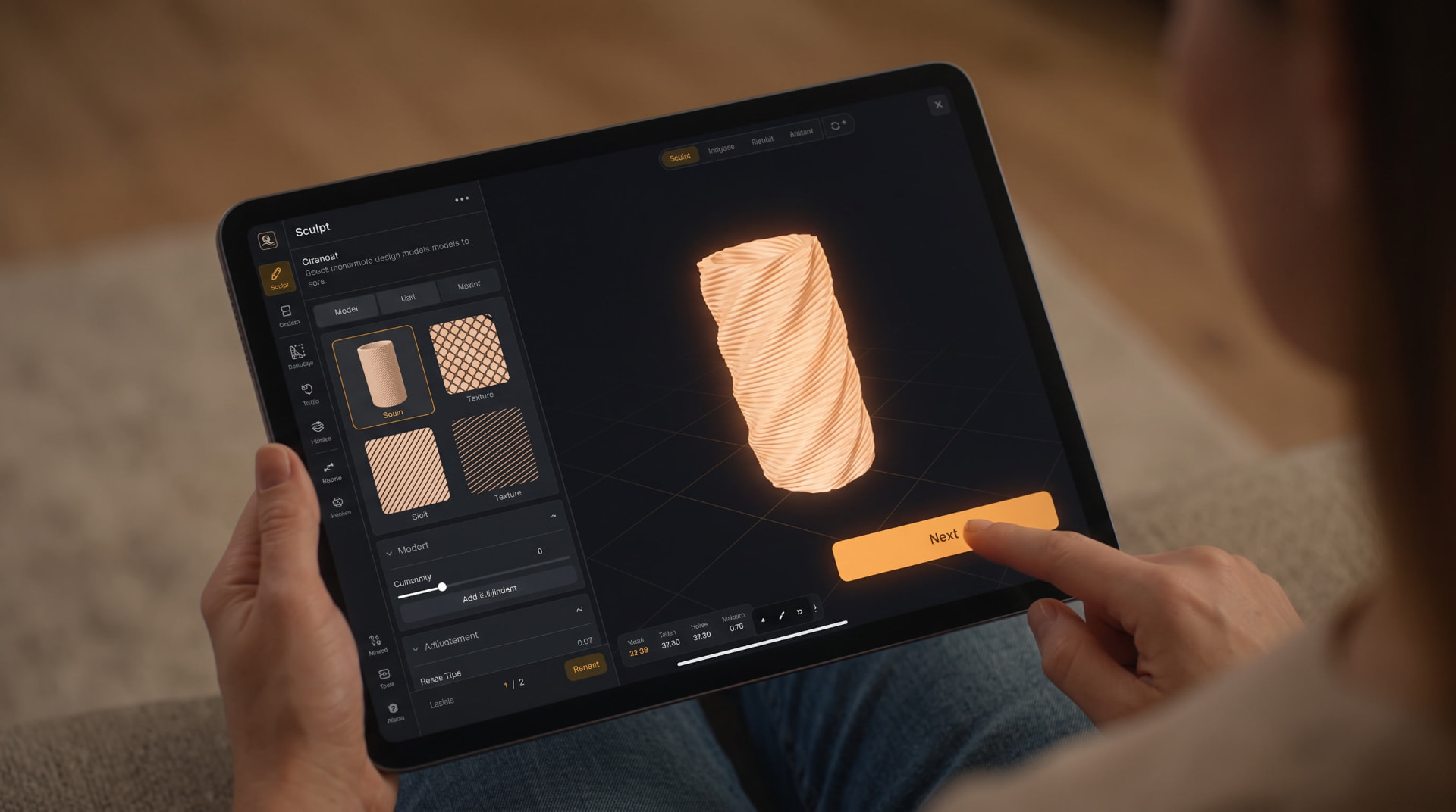 Sculptiq running on a tablet, shaping a spiral print