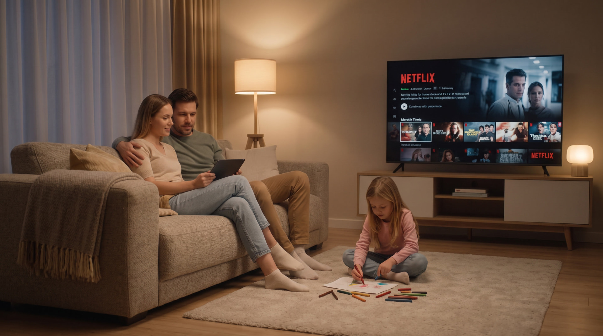 Family evening at home, lit by a Sculptiq lampshade